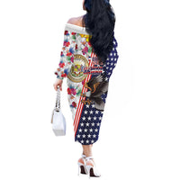 Hawaii and United States Together Off The Shoulder Long Sleeve Dress Seal of Hawaii and Bald Eagle - Polynesian Pride
