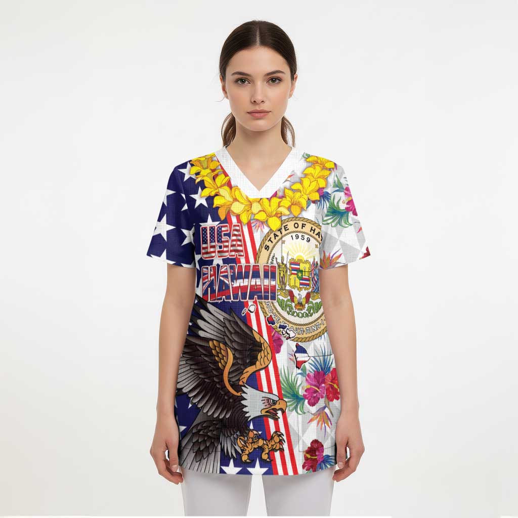 Hawaii and United States Together Scrub Top Seal of Hawaii and Bald Eagle - Polynesian Pride