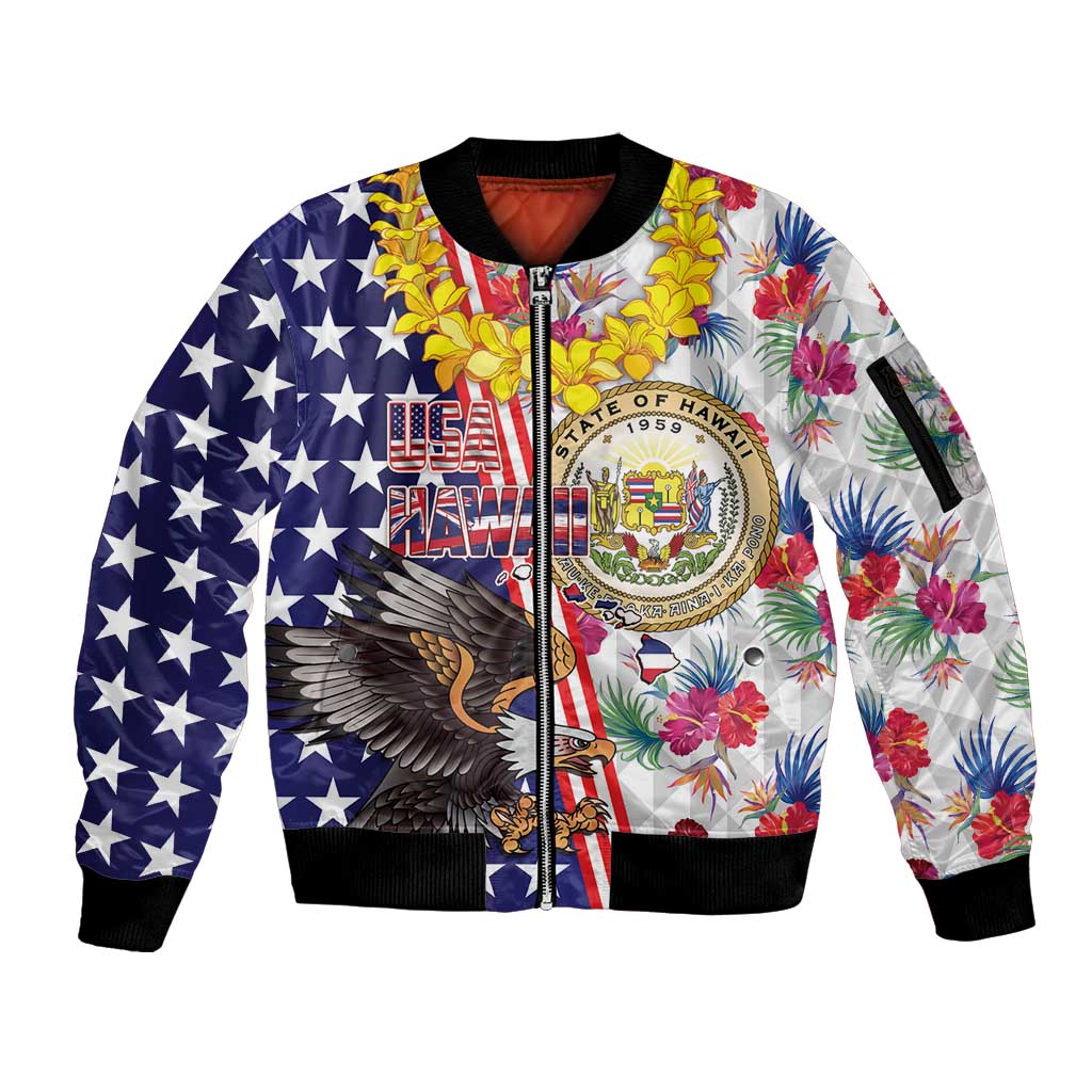 Hawaii and United States Together Sleeve Zip Bomber Jacket Seal of Hawaii and Bald Eagle LT03 Unisex White - Polynesian Pride