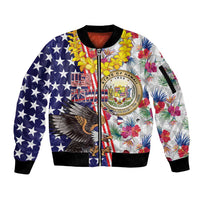 Hawaii and United States Together Sleeve Zip Bomber Jacket Seal of Hawaii and Bald Eagle LT03 Unisex White - Polynesian Pride
