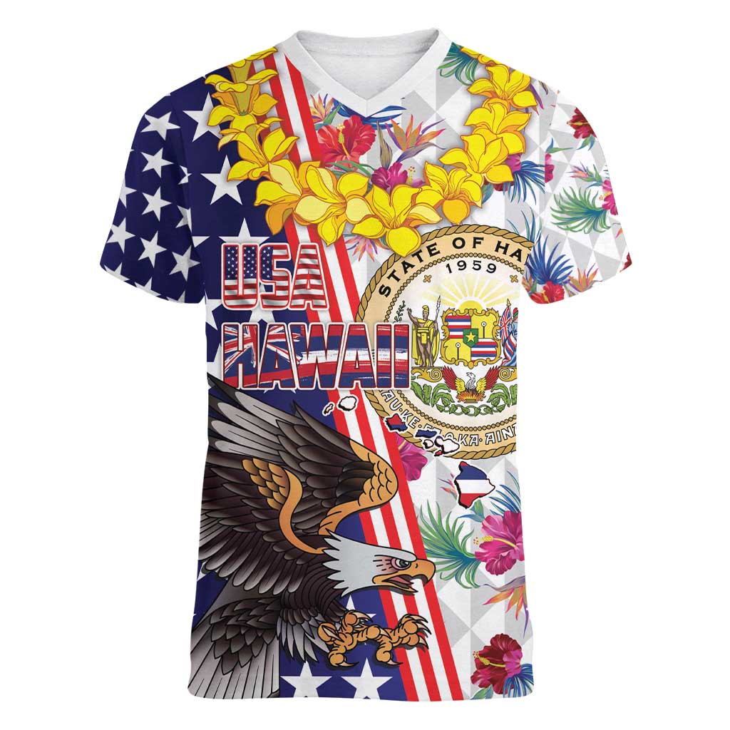 Hawaii and United States Together Women V-Neck T-Shirt Seal of Hawaii and Bald Eagle LT03 Female White - Polynesian Pride