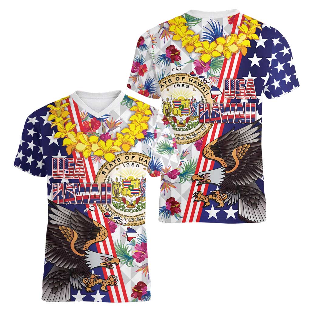 Hawaii and United States Together Women V-Neck T-Shirt Seal of Hawaii and Bald Eagle LT03 - Polynesian Pride