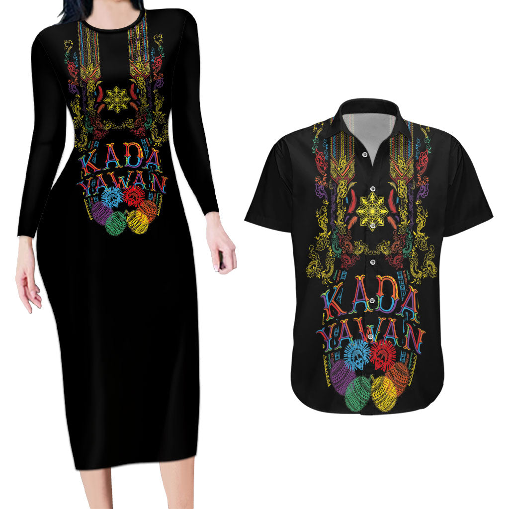 Philippines Kadayawan Festival Couples Matching Long Sleeve Bodycon Dress and Hawaiian Shirt Polynesian Tribal Art Barong Style