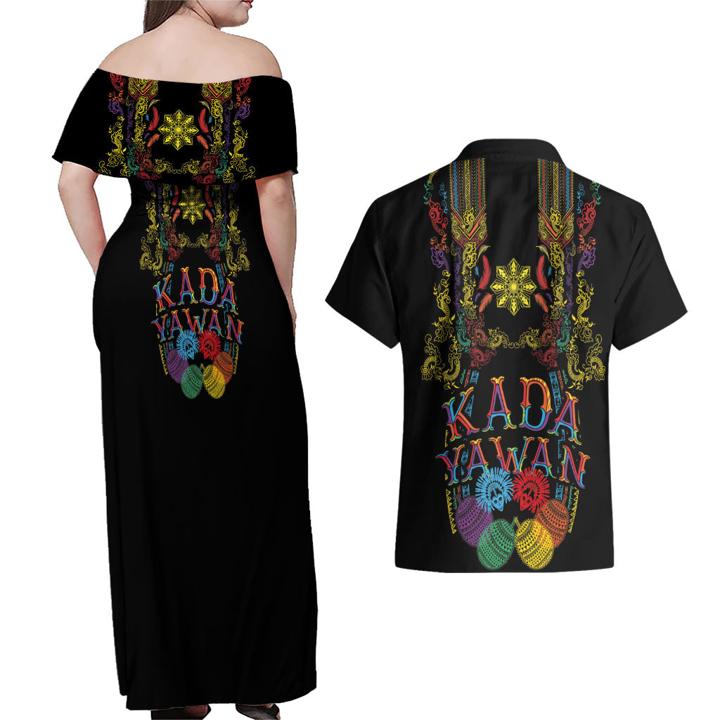 Philippines Kadayawan Festival Couples Matching Off Shoulder Maxi Dress and Hawaiian Shirt Polynesian Tribal Art Barong Style