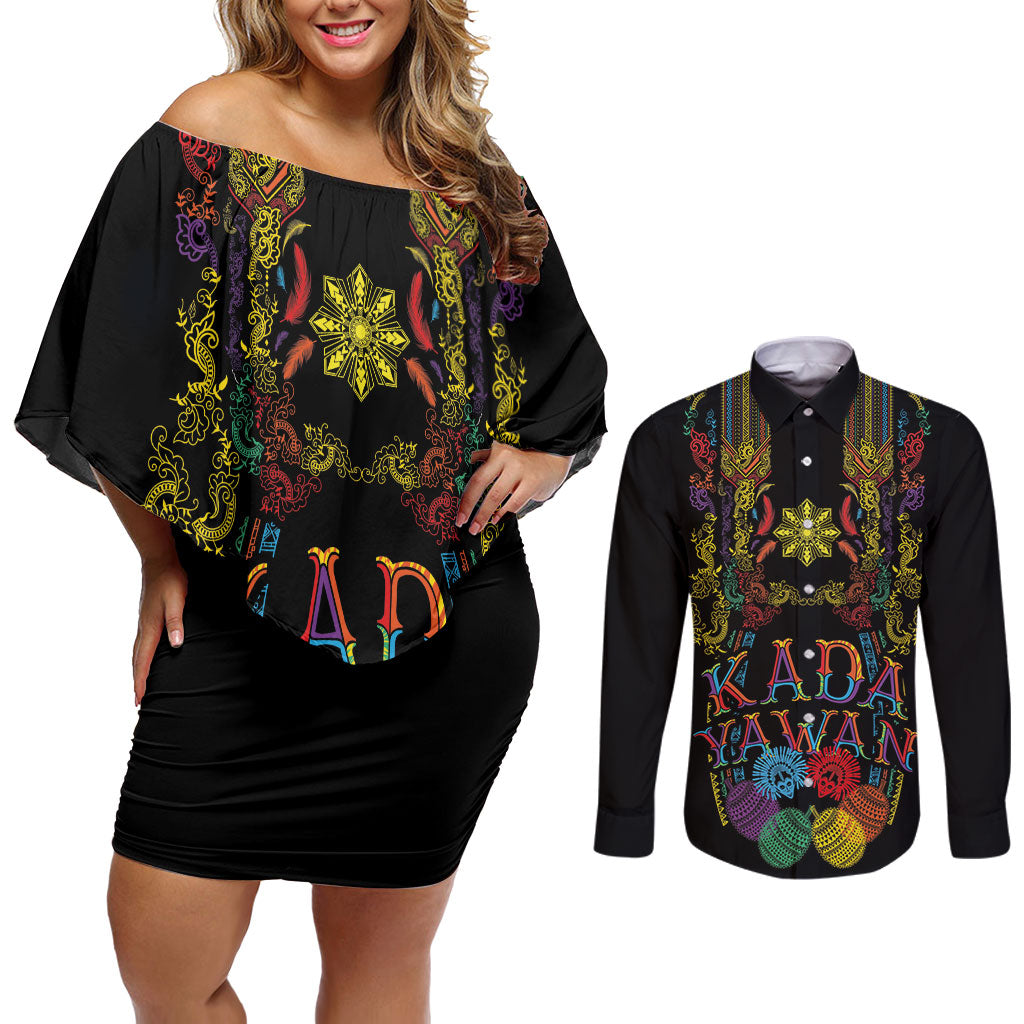 Philippines Kadayawan Festival Couples Matching Off Shoulder Short Dress and Long Sleeve Button Shirt Polynesian Tribal Art Barong Style