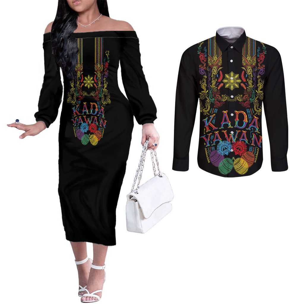 Philippines Kadayawan Festival Couples Matching Off The Shoulder Long Sleeve Dress and Long Sleeve Button Shirt Polynesian Tribal Art Barong Style