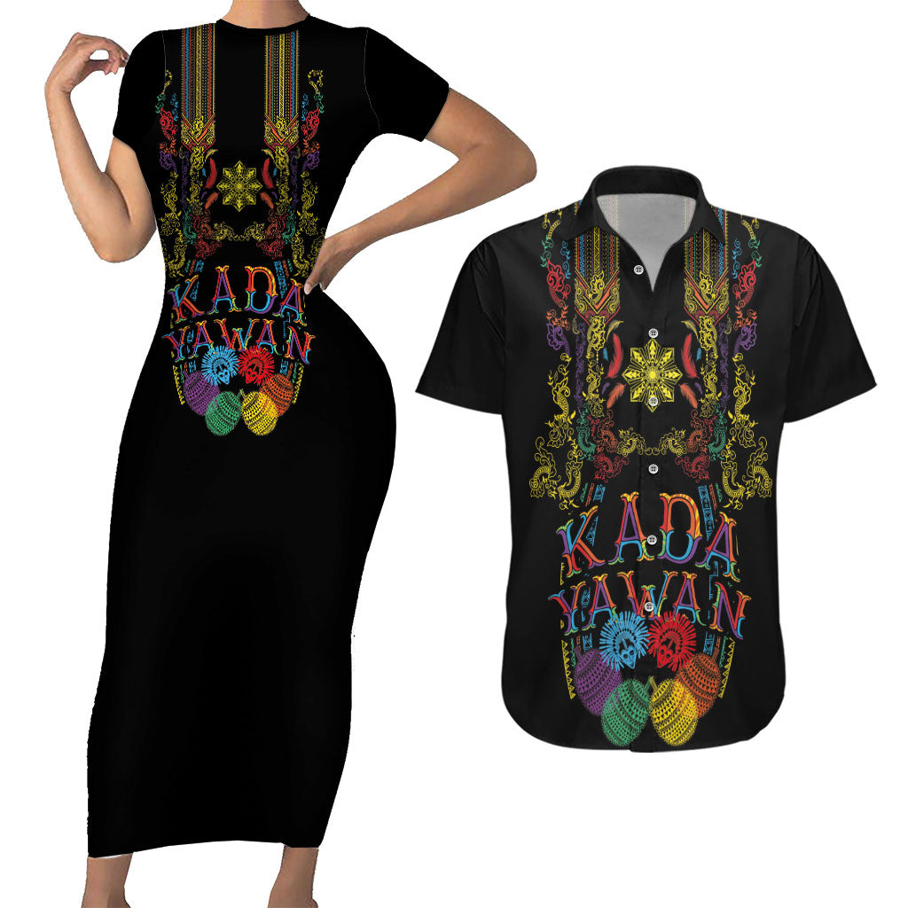 Philippines Kadayawan Festival Couples Matching Short Sleeve Bodycon Dress and Hawaiian Shirt Polynesian Tribal Art Barong Style