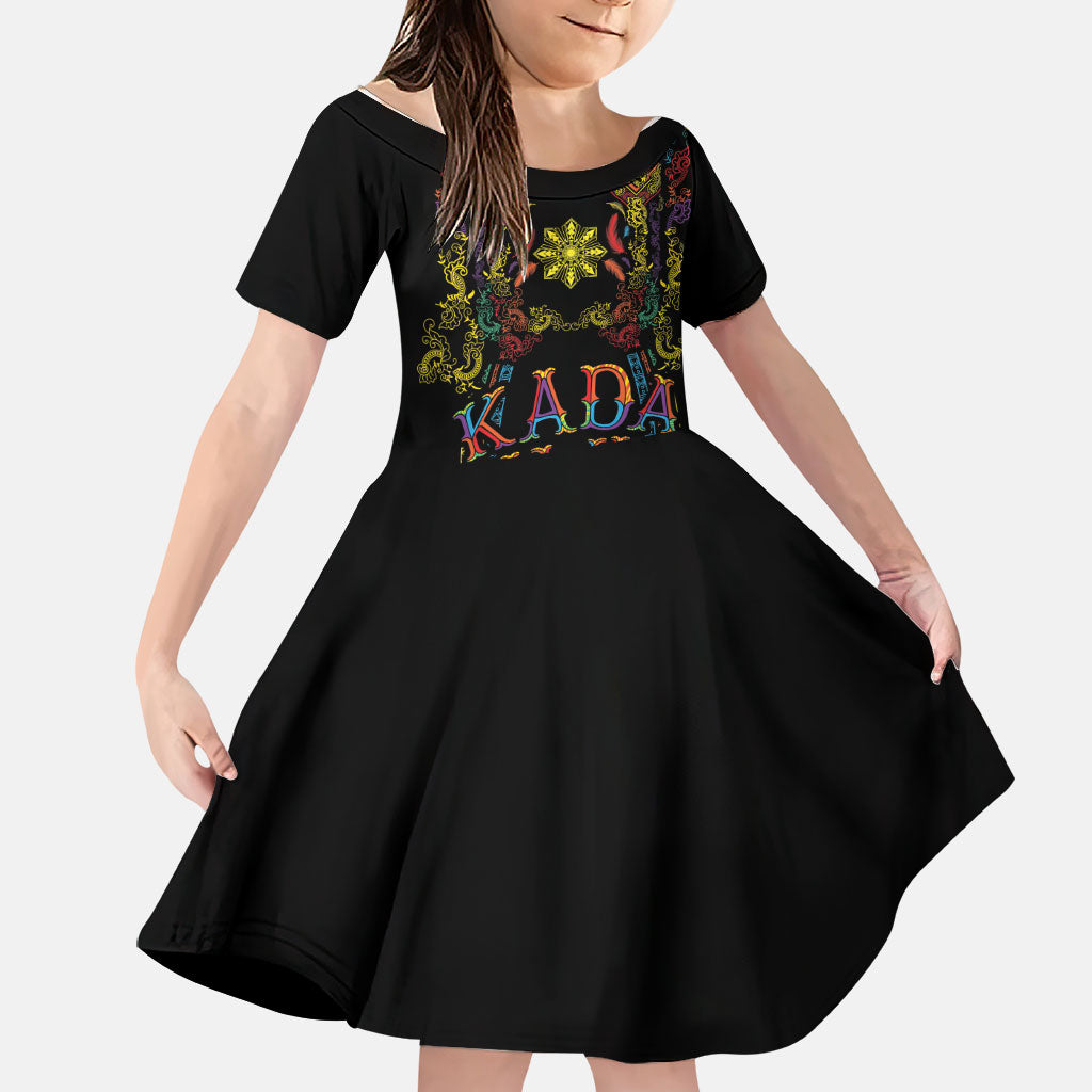 Philippines Kadayawan Festival Family Matching Short Sleeve Bodycon Dress and Hawaiian Shirt Polynesian Tribal Art Barong Style LT03 Daughter's Dress Black - Polynesian Pride