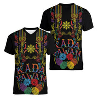 Philippines Kadayawan Festival Women V-Neck T-Shirt Polynesian Tribal Art Barong Style