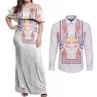 Philippines Barong Style Couples Matching Off Shoulder Maxi Dress and Long Sleeve Button Shirt Polynesian Kakau Art Tattoos with Tribal Filipino Sun