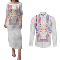 Philippines Barong Style Couples Matching Puletasi and Long Sleeve Button Shirt Polynesian Kakau Art Tattoos with Tribal Filipino Sun