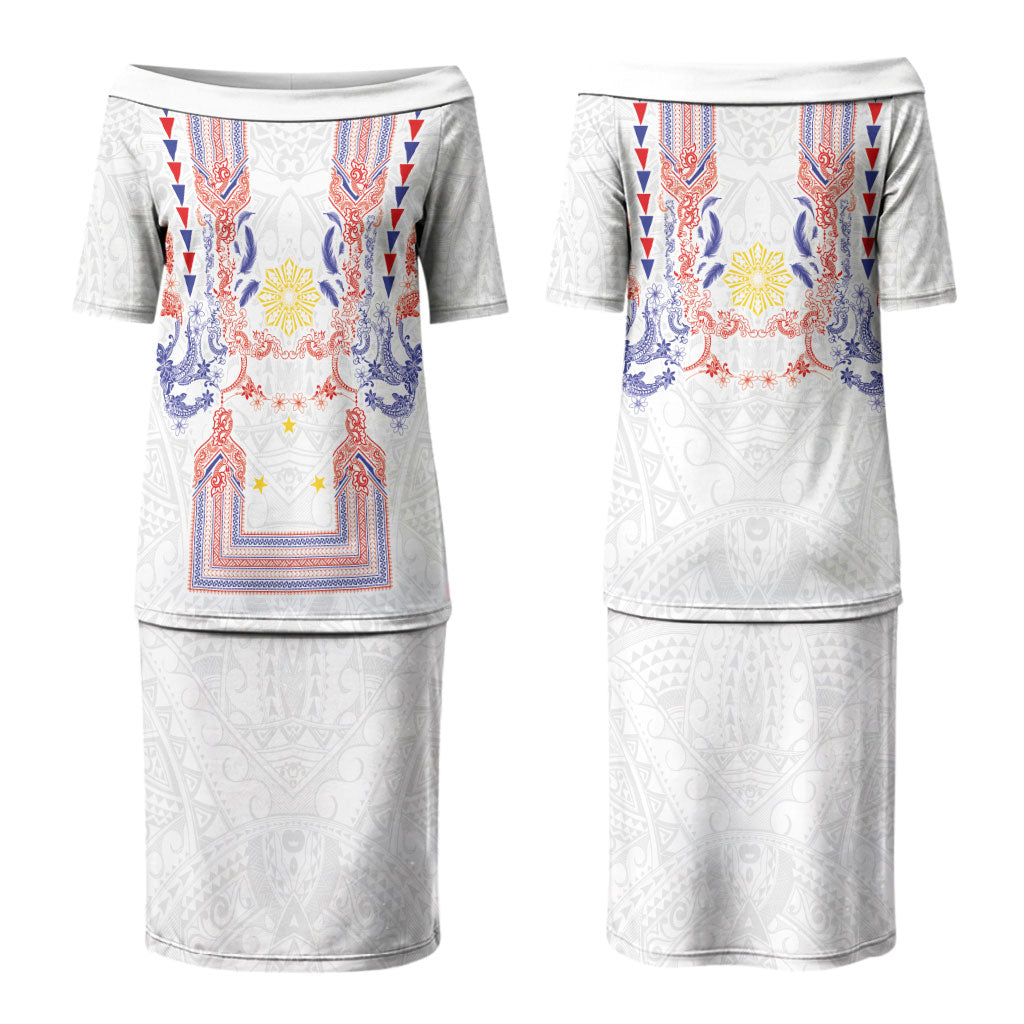 Philippines Barong Style Couples Matching Puletasi and Long Sleeve Button Shirt Polynesian Kakau Art Tattoos with Tribal Filipino Sun LT03 - Polynesian Pride