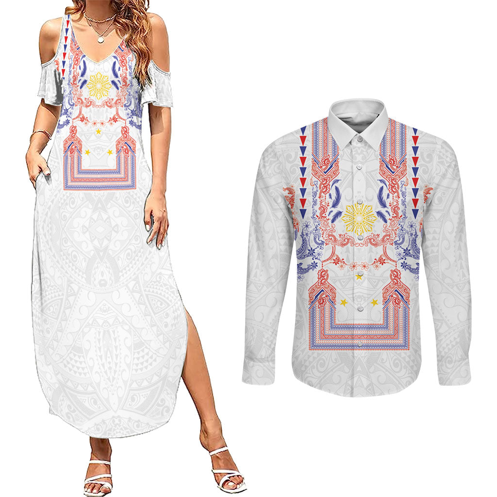 Philippines Barong Style Couples Matching Summer Maxi Dress and Long Sleeve Button Shirt Polynesian Kakau Art Tattoos with Tribal Filipino Sun LT03 White - Polynesian Pride