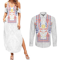 Philippines Barong Style Couples Matching Summer Maxi Dress and Long Sleeve Button Shirt Polynesian Kakau Art Tattoos with Tribal Filipino Sun LT03 White - Polynesian Pride