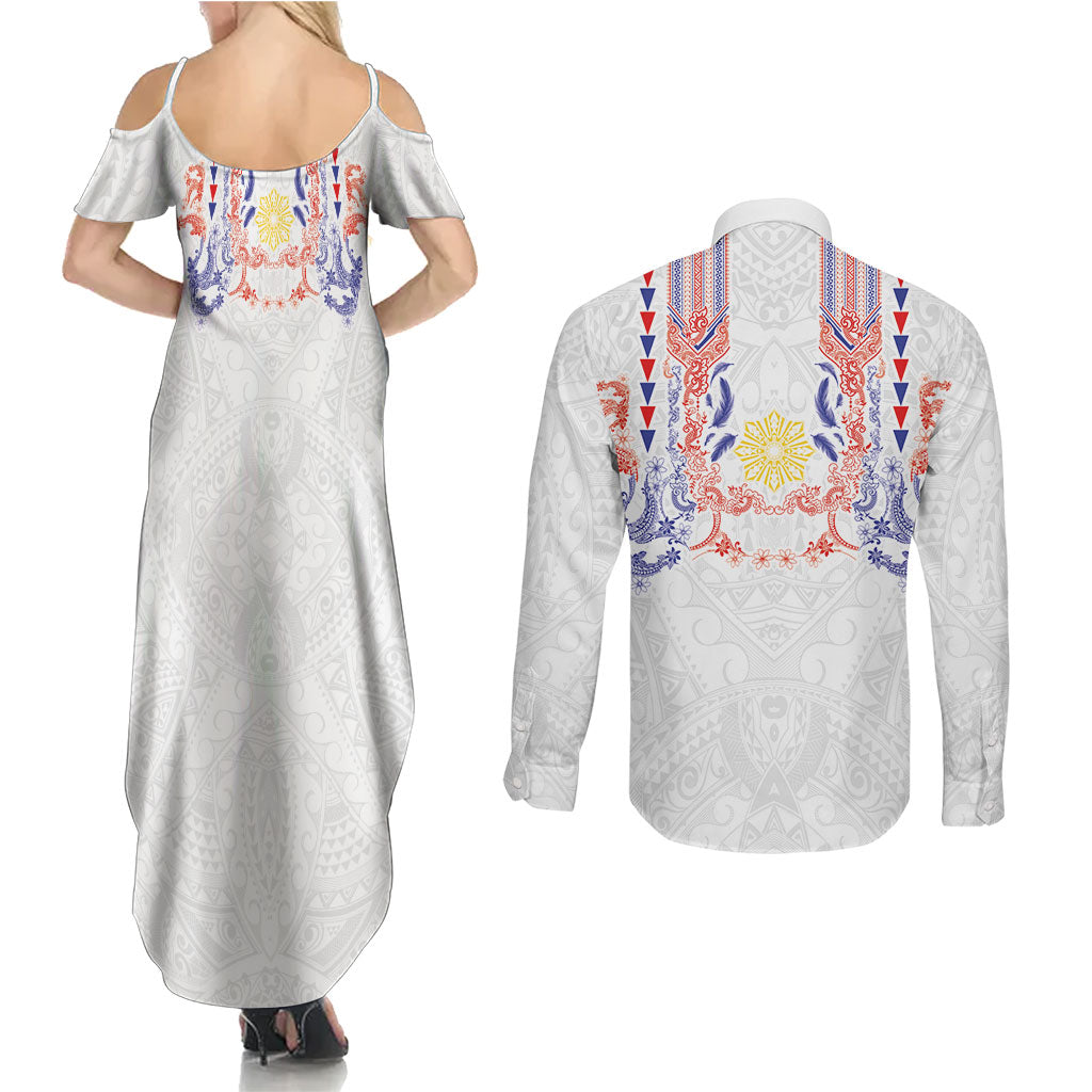 Philippines Barong Style Couples Matching Summer Maxi Dress and Long Sleeve Button Shirt Polynesian Kakau Art Tattoos with Tribal Filipino Sun LT03 - Polynesian Pride