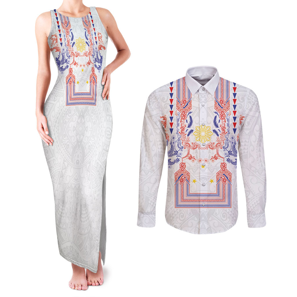 Philippines Barong Style Couples Matching Tank Maxi Dress and Long Sleeve Button Shirt Polynesian Kakau Art Tattoos with Tribal Filipino Sun