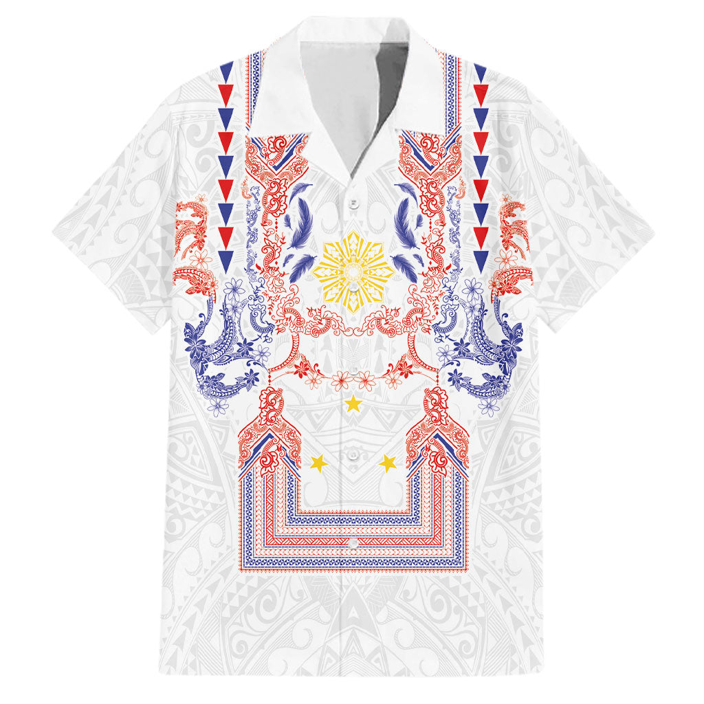 Philippines Barong Style Family Matching Off The Shoulder Long Sleeve Dress and Hawaiian Shirt Polynesian Kakau Art Tattoos with Tribal Filipino Sun LT03 Dad's Shirt - Short Sleeve White - Polynesian Pride