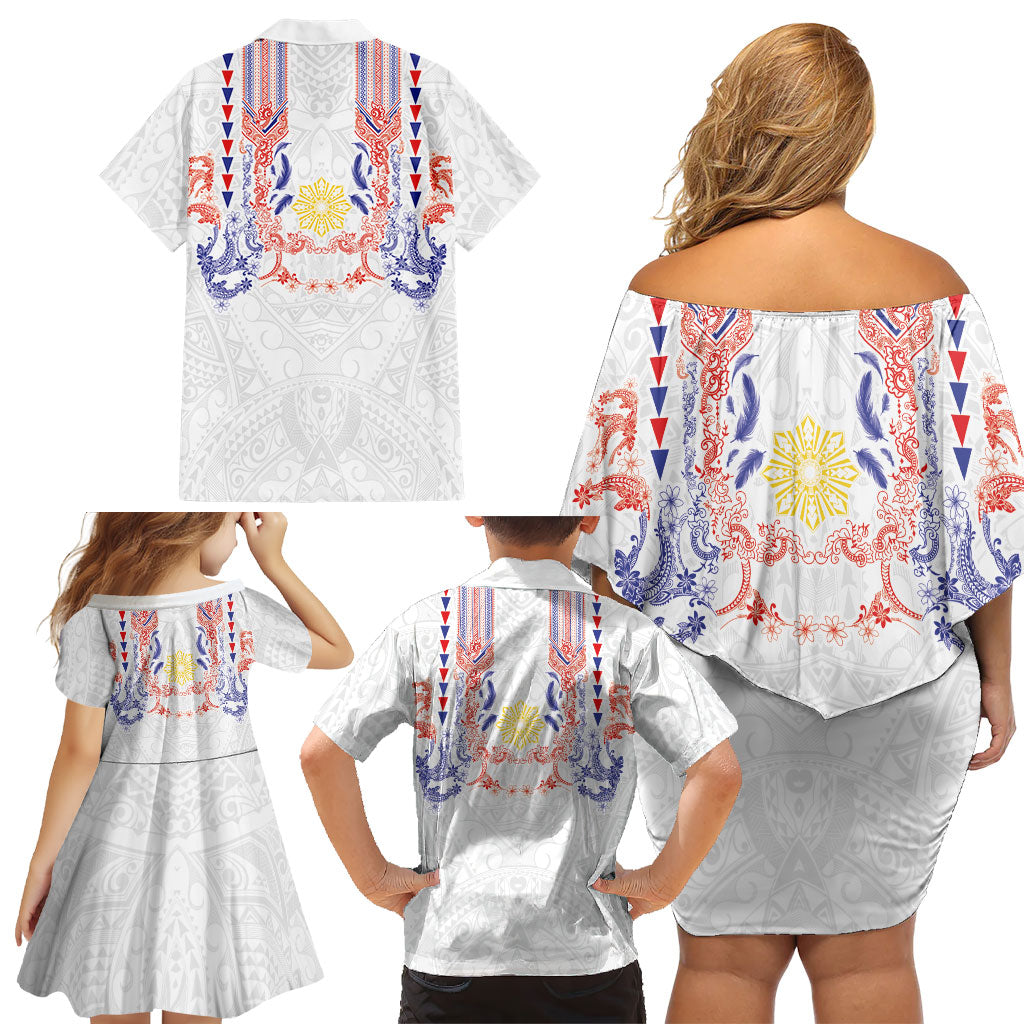 Philippines Barong Style Family Matching Off Shoulder Short Dress and Hawaiian Shirt Polynesian Kakau Art Tattoos with Tribal Filipino Sun LT03 - Polynesian Pride