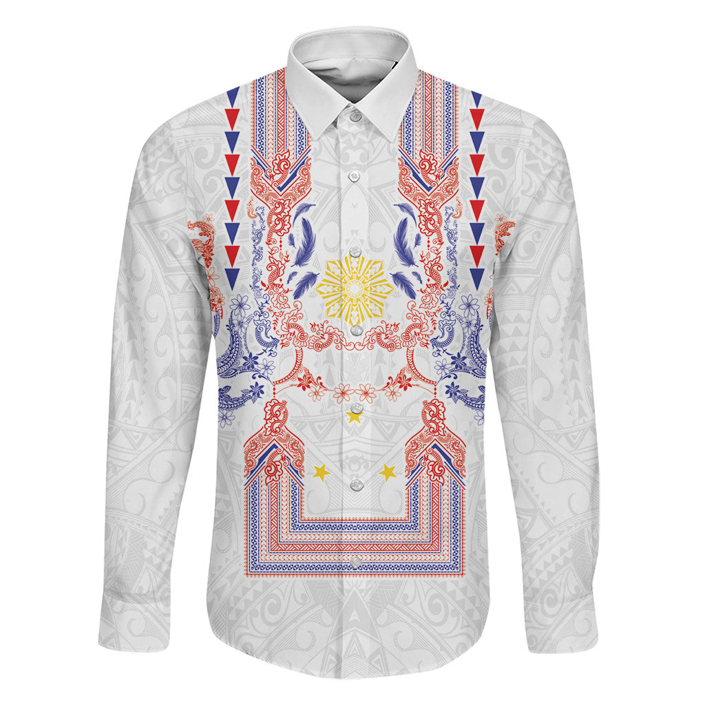 Philippines Barong Style Family Matching Short Sleeve Bodycon Dress and Hawaiian Shirt Polynesian Kakau Art Tattoos with Tribal Filipino Sun LT03 Dad's Shirt - Long Sleeve White - Polynesian Pride