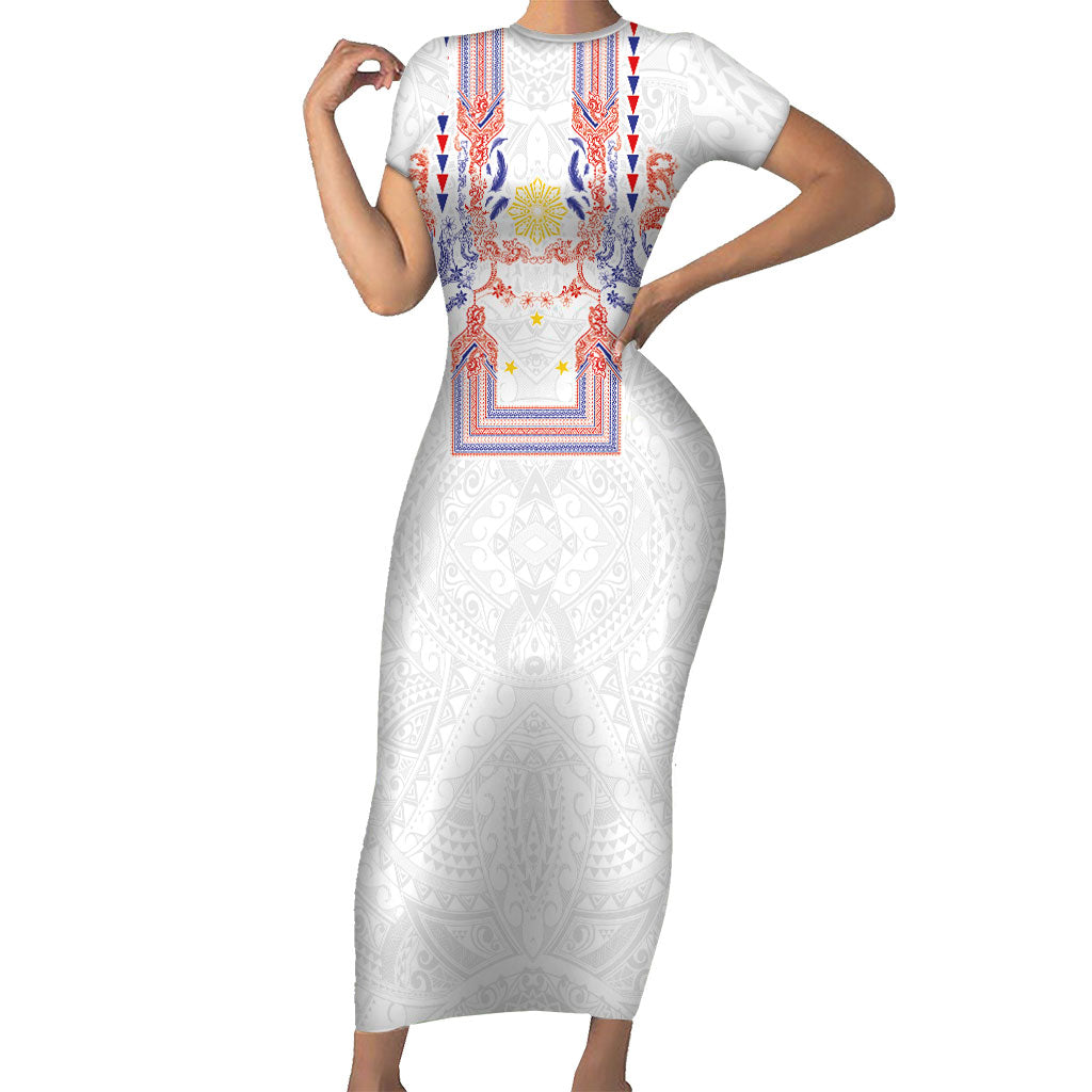 Philippines Barong Style Family Matching Short Sleeve Bodycon Dress and Hawaiian Shirt Polynesian Kakau Art Tattoos with Tribal Filipino Sun LT03 Mom's Dress White - Polynesian Pride