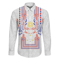 Philippines Barong Style Family Matching Summer Maxi Dress and Hawaiian Shirt Polynesian Kakau Art Tattoos with Tribal Filipino Sun LT03 Dad's Shirt - Long Sleeve White - Polynesian Pride