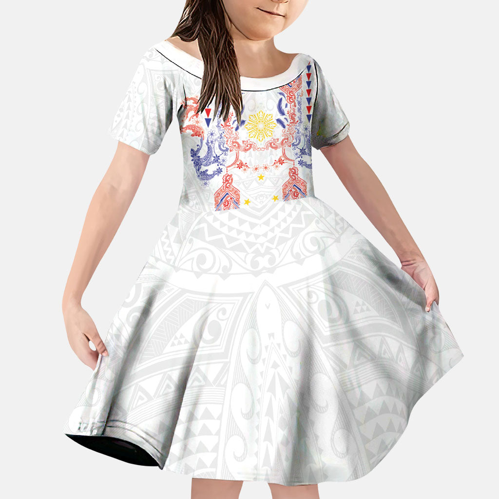 Philippines Barong Style Family Matching Tank Maxi Dress and Hawaiian Shirt Polynesian Kakau Art Tattoos with Tribal Filipino Sun LT03 Daughter's Dress White - Polynesian Pride