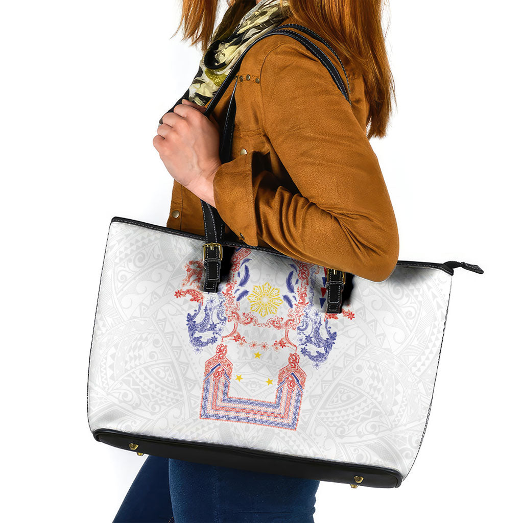 Philippines Barong Style Leather Tote Bag Polynesian Kakau Art Tattoos with Tribal Filipino Sun LT03 White - Polynesian Pride