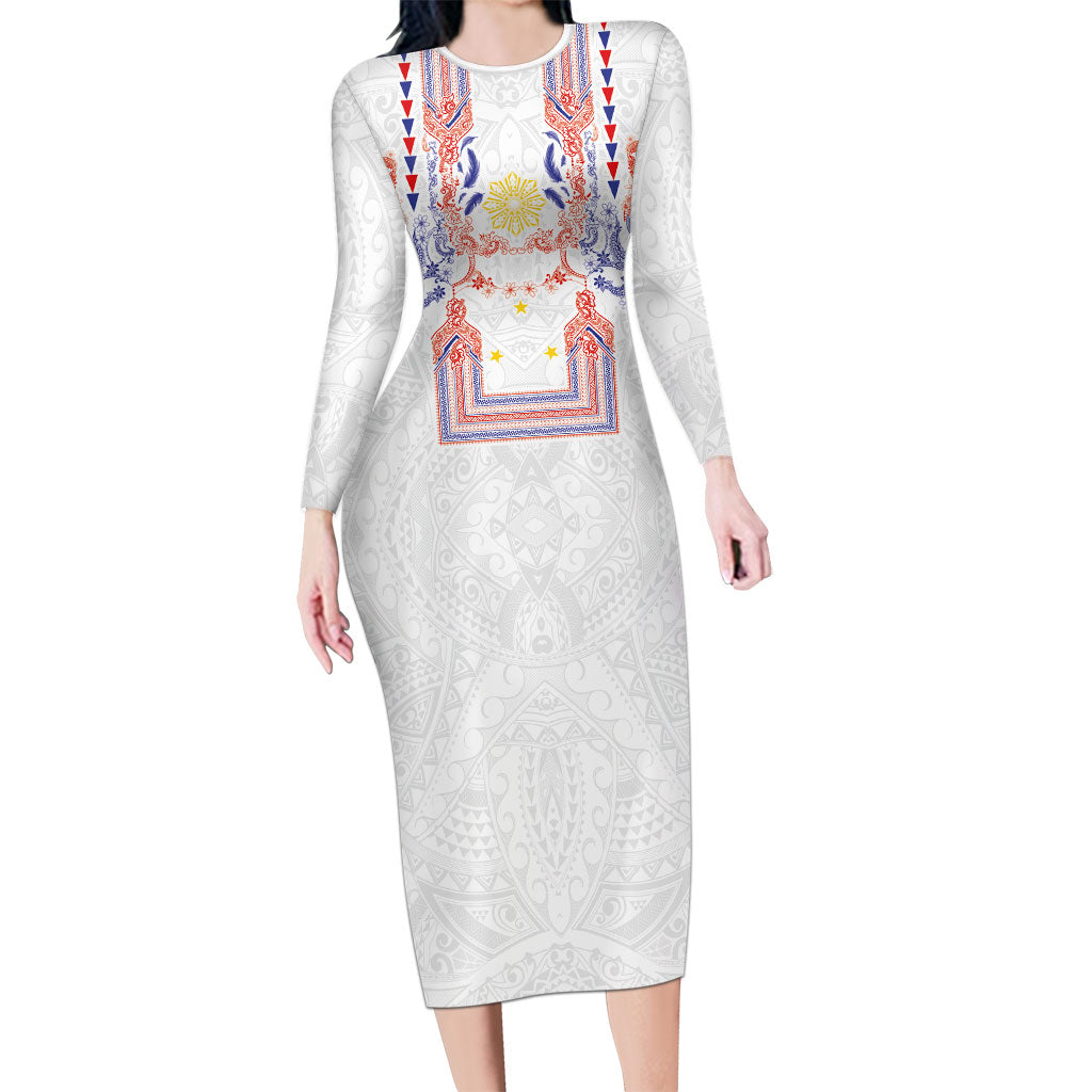 Philippines Barong Style Long Sleeve Bodycon Dress Polynesian Kakau Art Tattoos with Tribal Filipino Sun LT03 Long Dress White - Polynesian Pride
