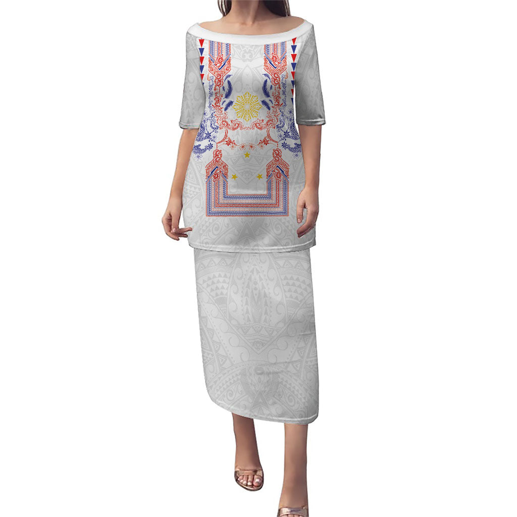 Philippines Barong Style Puletasi Polynesian Kakau Art Tattoos with Tribal Filipino Sun LT03 Long Dress White - Polynesian Pride