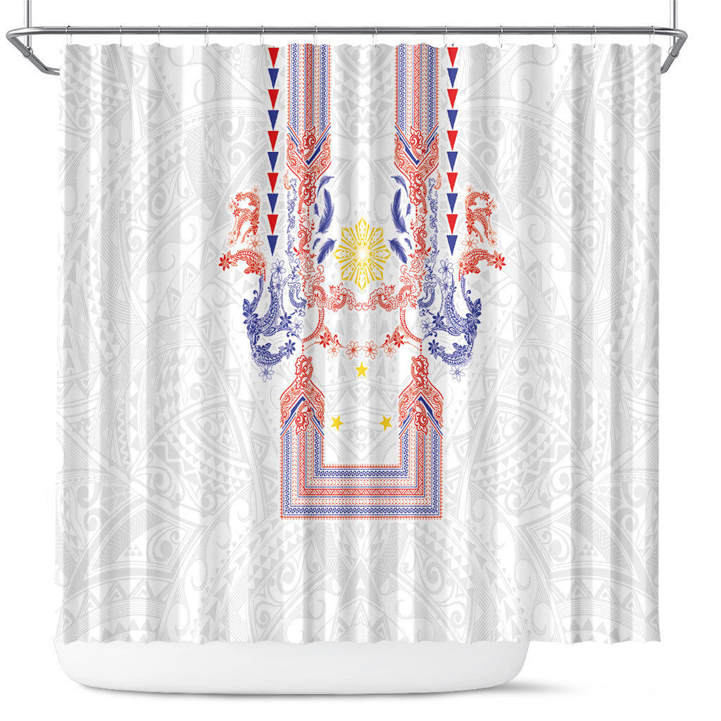 Philippines Barong Style Shower Curtain Polynesian Kakau Art Tattoos with Tribal Filipino Sun LT03 White - Polynesian Pride