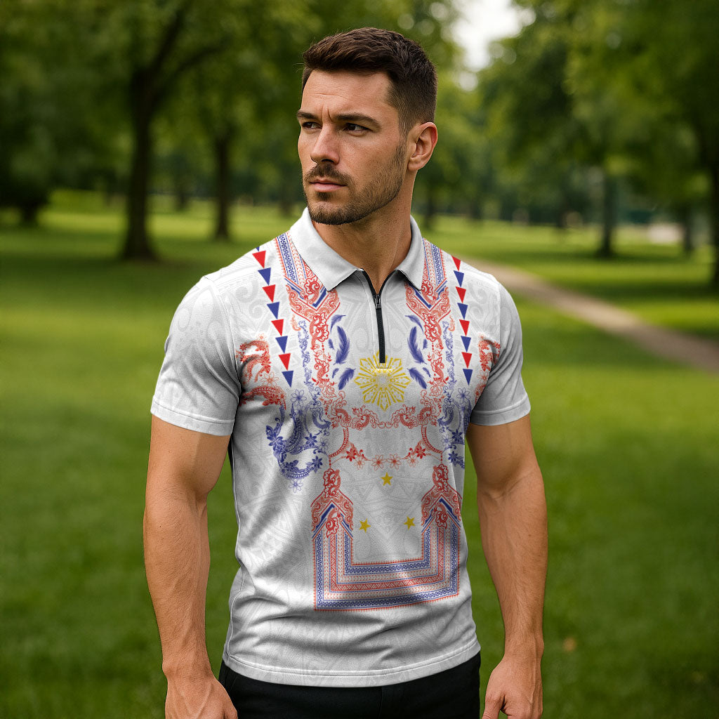 Philippines Barong Style Zipper Polo Shirt Polynesian Kakau Art Tattoos with Tribal Filipino Sun