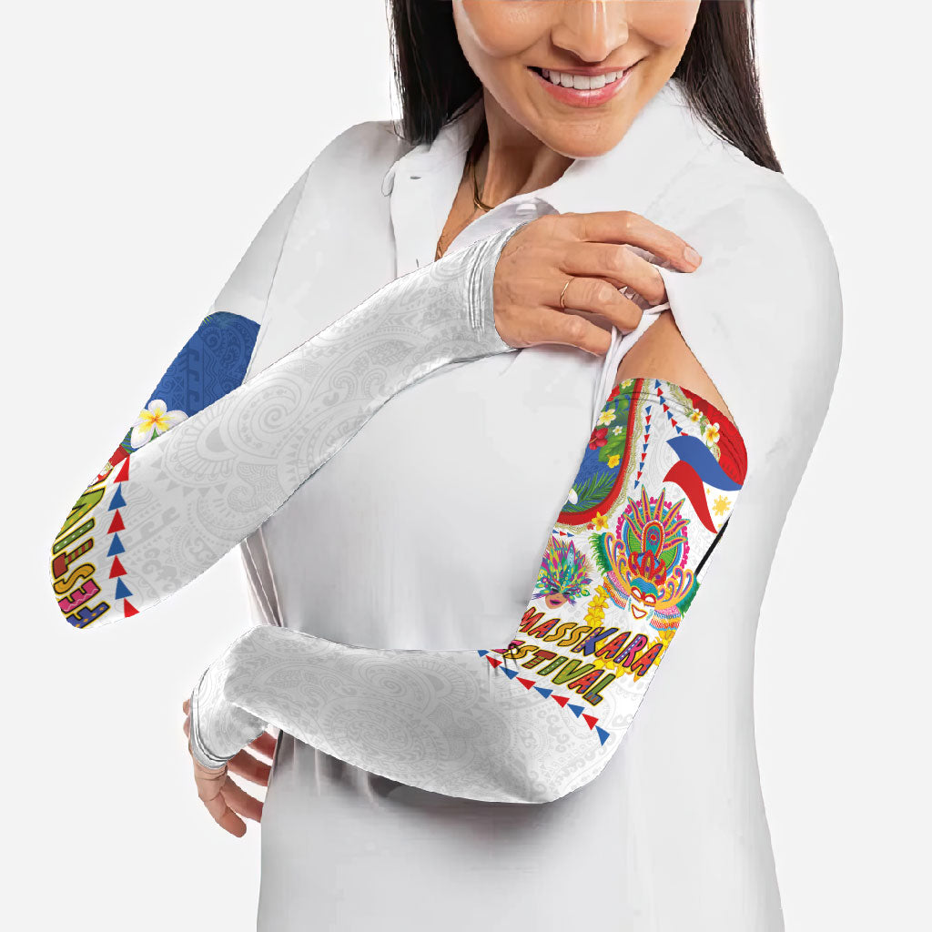 Philippines MassKara Festival Arm Sleeves Smile Masks with Hawaiian Art Pattern and Tropical Plants