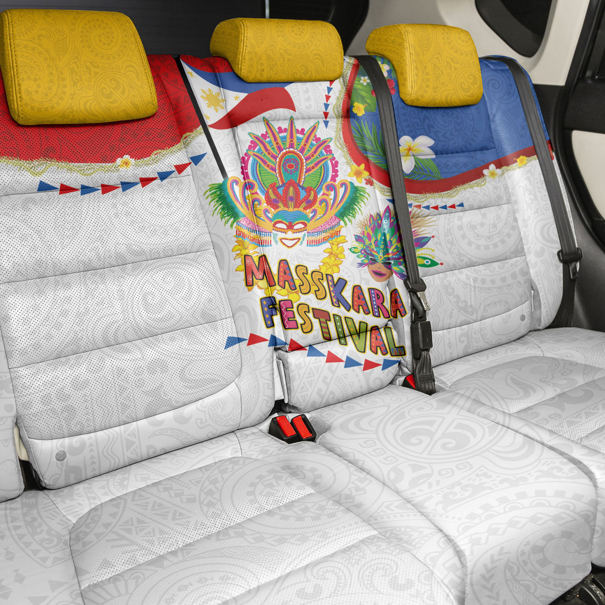 Philippines MassKara Festival Back Car Seat Cover Smile Masks with Hawaiian Art Pattern and Tropical Plants