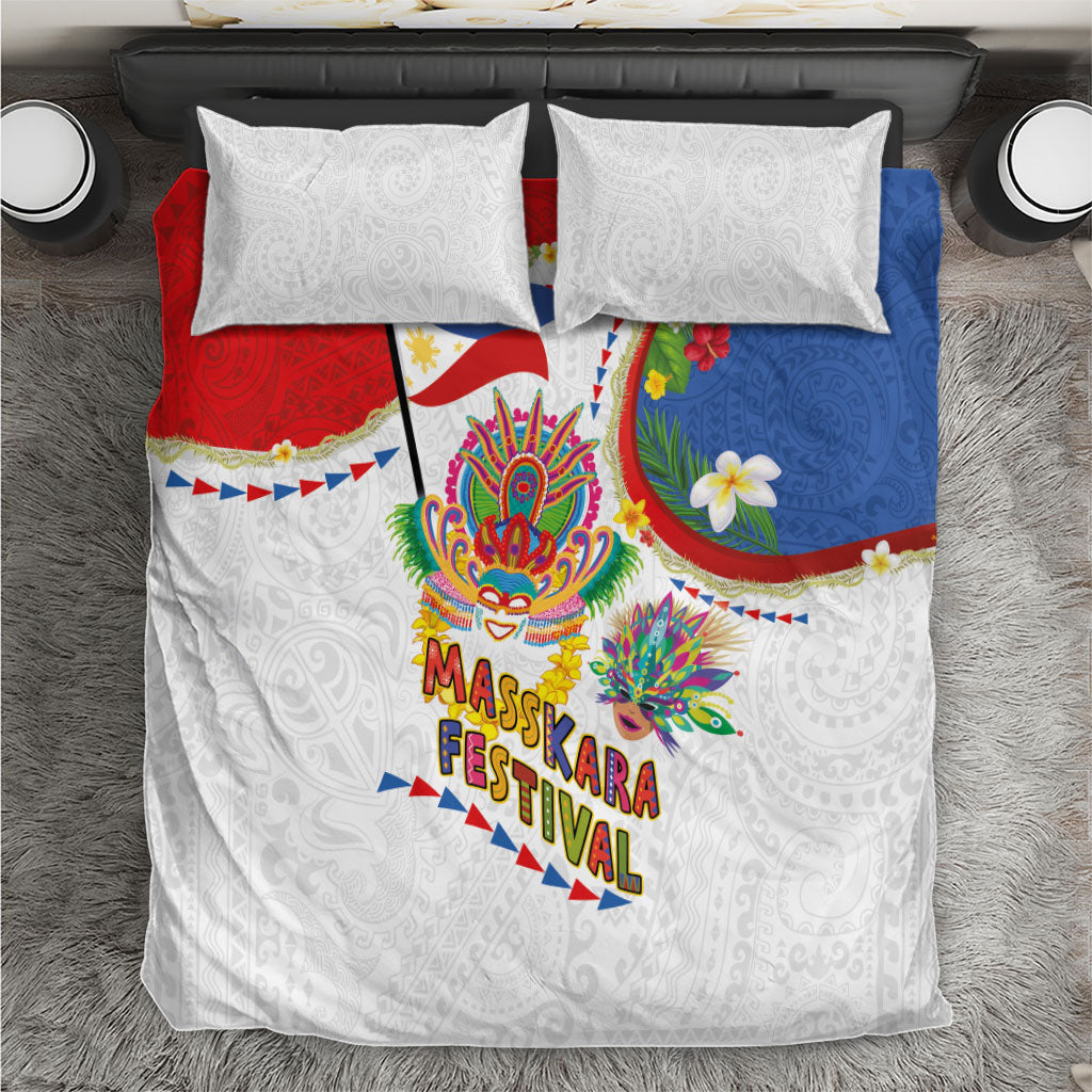 Philippines MassKara Festival Bedding Set Smile Masks with Hawaiian Art Pattern and Tropical Plants