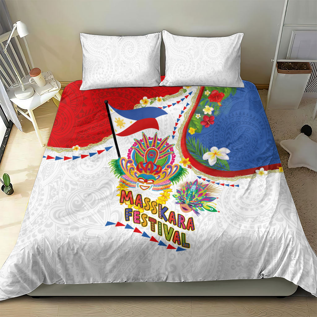 Philippines MassKara Festival Bedding Set Smile Masks with Hawaiian Art Pattern and Tropical Plants