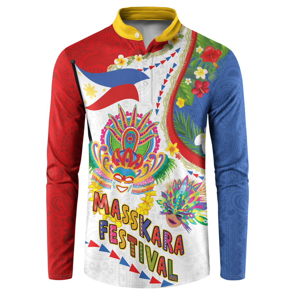 Philippines MassKara Festival Button Sweatshirt Smile Masks with Hawaiian Art Pattern and Tropical Plants