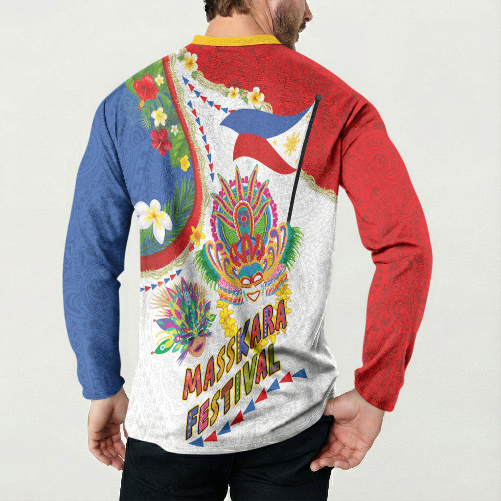 Philippines MassKara Festival Button Sweatshirt Smile Masks with Hawaiian Art Pattern and Tropical Plants