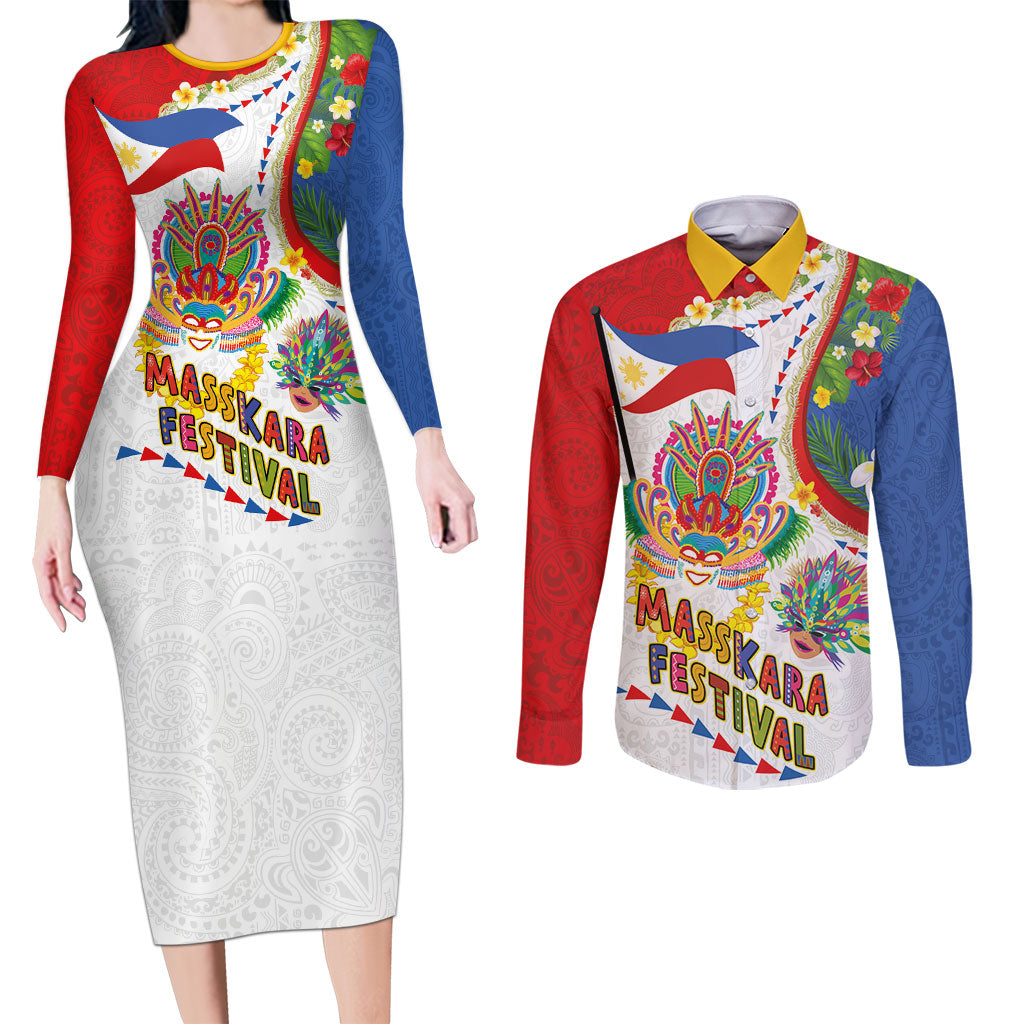 Philippines MassKara Festival Couples Matching Long Sleeve Bodycon Dress and Long Sleeve Button Shirt Smile Masks with Hawaiian Art Pattern and Tropical Plants