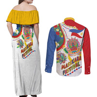 Philippines MassKara Festival Couples Matching Off Shoulder Maxi Dress and Long Sleeve Button Shirt Smile Masks with Hawaiian Art Pattern and Tropical Plants