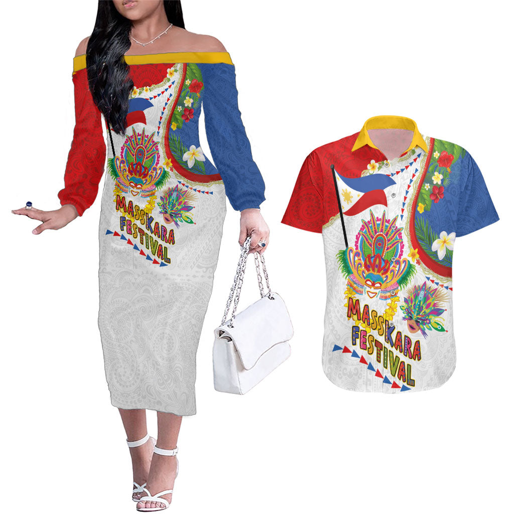 Philippines MassKara Festival Couples Matching Off The Shoulder Long Sleeve Dress and Hawaiian Shirt Smile Masks with Hawaiian Art Pattern and Tropical Plants