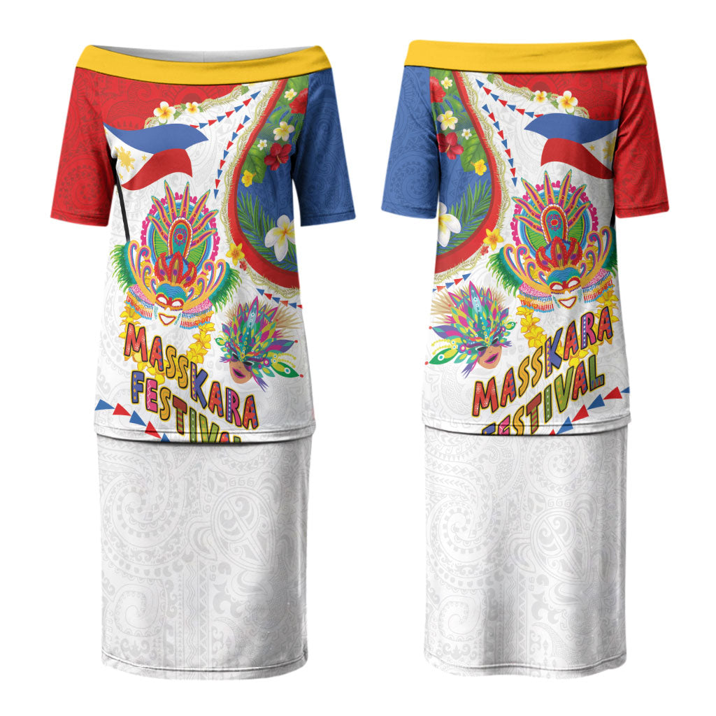 Philippines MassKara Festival Couples Matching Puletasi and Hawaiian Shirt Smile Masks with Hawaiian Art Pattern and Tropical Plants LT03 - Polynesian Pride