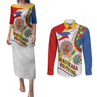 Philippines MassKara Festival Couples Matching Puletasi and Long Sleeve Button Shirt Smile Masks with Hawaiian Art Pattern and Tropical Plants