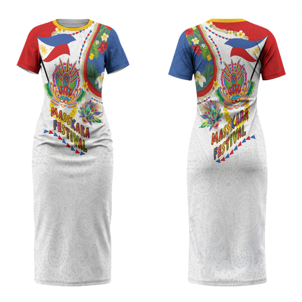 Philippines MassKara Festival Couples Matching Short Sleeve Bodycon Dress and Long Sleeve Button Shirt Smile Masks with Hawaiian Art Pattern and Tropical Plants LT03 - Polynesian Pride