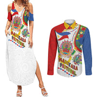 Philippines MassKara Festival Couples Matching Summer Maxi Dress and Long Sleeve Button Shirt Smile Masks with Hawaiian Art Pattern and Tropical Plants