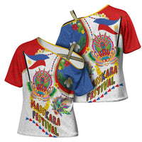 Philippines MassKara Festival Cross Shoulder Shirt Smile Masks with Hawaiian Art Pattern and Tropical Plants