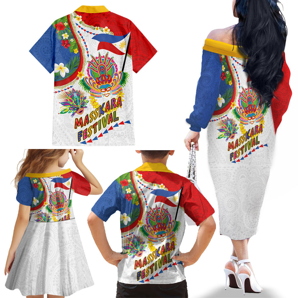 Philippines MassKara Festival Family Matching Off The Shoulder Long Sleeve Dress and Hawaiian Shirt Smile Masks with Hawaiian Art Pattern and Tropical Plants LT03 - Polynesian Pride