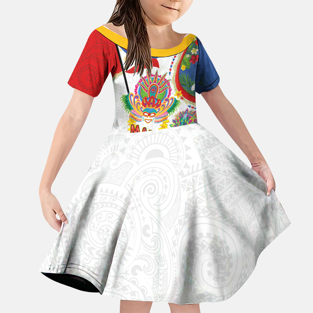 Philippines MassKara Festival Family Matching Summer Maxi Dress and Hawaiian Shirt Smile Masks with Hawaiian Art Pattern and Tropical Plants LT03 Daughter's Dress Multicolor - Polynesian Pride
