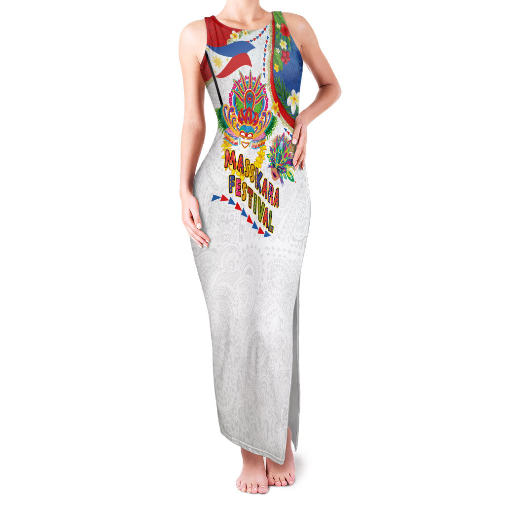 Philippines MassKara Festival Family Matching Tank Maxi Dress and Hawaiian Shirt Smile Masks with Hawaiian Art Pattern and Tropical Plants LT03 Mom's Dress Multicolor - Polynesian Pride