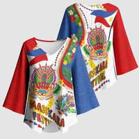 Philippines MassKara Festival Kimono Sleeve Blouse Smile Masks with Hawaiian Art Pattern and Tropical Plants