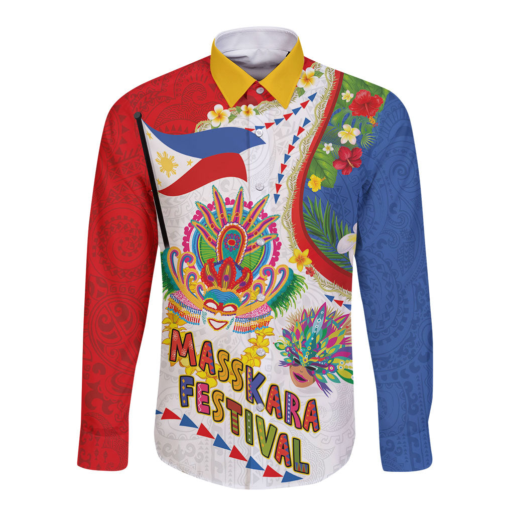 Philippines MassKara Festival Long Sleeve Button Shirt Smile Masks with Hawaiian Art Pattern and Tropical Plants